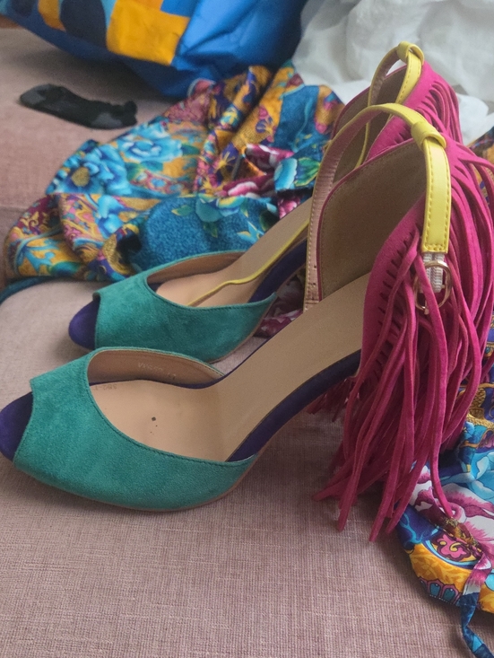Shoes - Women’s Multicolor Suede Fringe Peep-Toe Heels